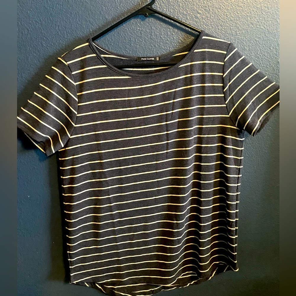 Pink Clover navy knit top with white stripes. Size large. Button detail on back